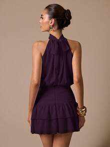 SHEIN BAE Vestido corto sin mangas con volantes en el bajo, de unicolor. Vestido mini elegante, dulce y lindo, adecuado para citas románticas, fiestas, reuniones formales, vestidos de dama de honor, vestidos de verano, vestidos de té, Año Nuevo, Día de San Valentín, vestido de cumpleaños, vestido rosa - Rojo violeta - Ver 2