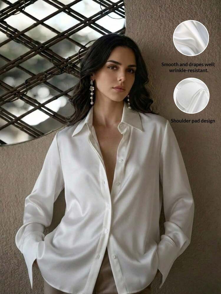 Anewsta Essential Women's New Casual Solid Color Commuting Versatile Satin Drape Shoulder Cotton Blouse