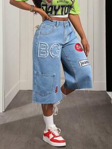 BamGleam Damen Jeans mit ausgefranstem Saum, bestickter Tasche und weiter Passform - Mittele Waschung - Übersicht 6