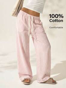 Easelle Quần ống đứng kẻ sọc dáng casual đa năng dành cho nữ, có dây rút ở eo và túi, thích hợp mặc hàng ngày. - Hồng - Xem 1