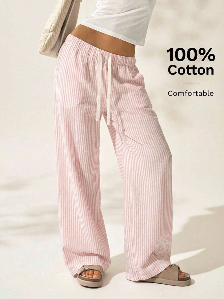 Easelle Quần ống đứng kẻ sọc dáng casual đa năng dành cho nữ, có dây rút ở eo và túi, thích hợp mặc hàng ngày. - Hồng - Xem 1