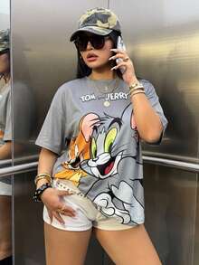 TOM & JERRY X SHEIN 大码字母卡通印花圆领休闲短袖T恤 - 灰色 - 查看 5