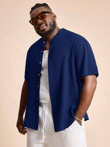 EASEVO Plus Size Men's Casual Loose Fit Short Sleeve Woven Shirt - Royal Blue - View 2
