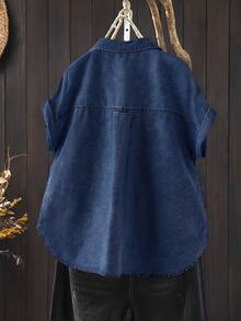 EMERY ROSE EMERY ROSE Kemeja Denim Kasual Wanita Lengan Pendek Kancing Tunggal dengan Saku - Dark Wash - View 2