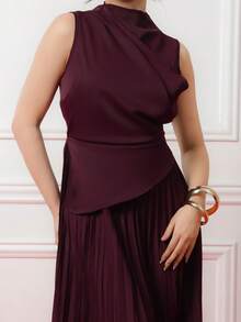 Criza Taa Women's Elegant Ruffle Sleeveless Swing Neck A-Line Dress/Umbrella Skirt/Back To School/School Clothes /Party/Old Money Style Women/Going Out Outfits / Party Outfit Women/Office Outfits For Women/Imitation Apricot Skirt - Burgundy - View 5