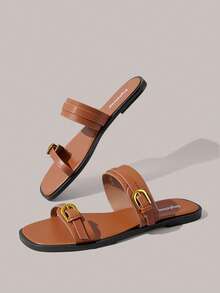 Styleloop Ladies, Buckles, Decoration, Flat Sandals, Bohemian Style, Vacation Atmosphere, Summer Wear, Travel Essentials - Brown - View 6