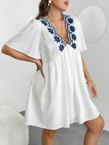 Enliva Plus-Size V-Neck Embroidered A-Line White Bohemian Style Dress, Casual And Versatile, Suitable For Round Body Types. - White - View 6