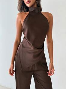 Aloruh Women's Solid Color Asymmetric Hem Halter Top And Pants 2 Pieces Set - Coffee Brown - View 6