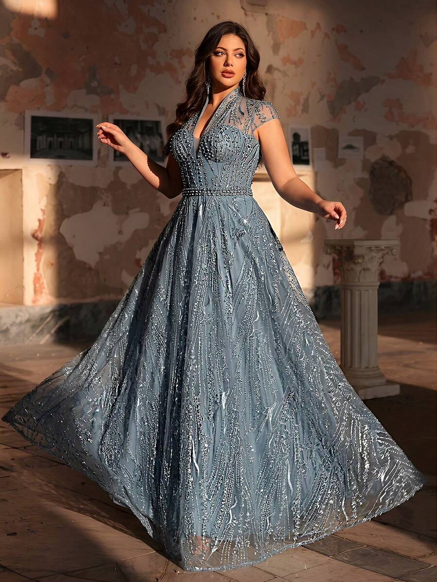 Aureia 大码优雅奢华藏蓝色深V领薄纱鱼尾连衣裙，饰以珍珠和水钻，适合婚礼、派对、庆典、单身派对、正式晚宴等场合。 - 藍色 - 查看 1