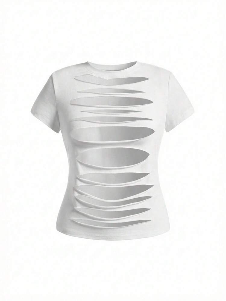 ROMWE Summer Outfits Women's Y2K Baddie Sexy Ripped Hollow Out All-Match Versatile Round Neck Plus Size Short Sleeve T-Shirt - White - View 5