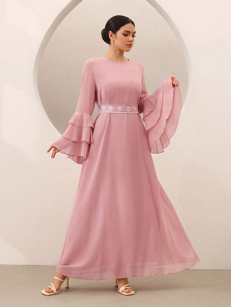 Graceveil 女士优雅双层喇叭袖收腰连衣裙，粉色，春夏款 - 粉色 - 查看 1