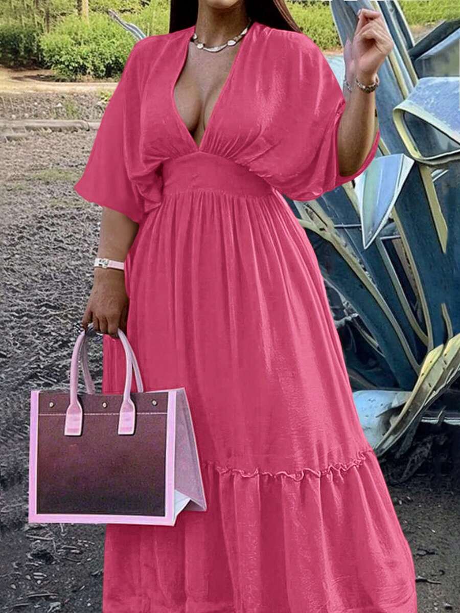 Slaydiva Plus Size Elegant Sexy Low Neckline Shoulder Sleeve Waist A-Line Ruffle Hem Dress, Red, Summer-S - Hot Pink - View 1