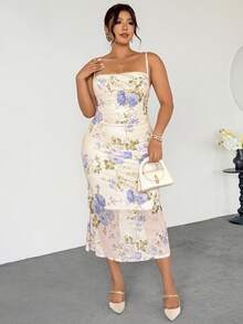 Firerie Plus Size Elegant Minimalist Spaghetti Strap Full Print Pink Playful Date Afternoon Tea Fitted Mermaid Midi Dress - Blue - View 4