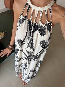 DAZY Rochie de plajă lejeră, cu model A, casual, cu scobituri, stil de vacanță, imprimeu francez albastru, lungime lungă, rochii de primăvară și vară pentru femei - Alb-negru - Vizualizare 4