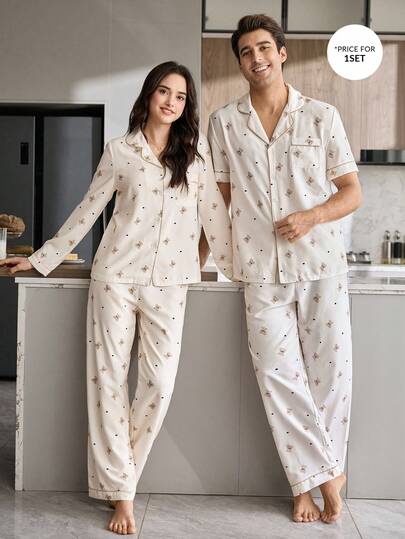 CoupledUp Collar Bear Print Trim Short Sleeve & Pants Men's Pajama Set