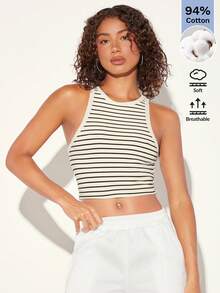 SHEIN BASICS Women's Casual Striped Fitted Cropped Tank Top, Summer Tops For Ladies Casual Summer Tops - Black and White - View 6