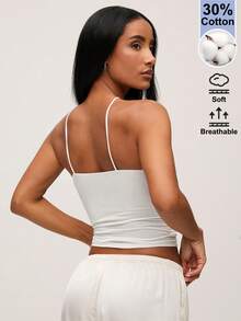 SHEIN BASICS Women's Solid Color Fitted Casual Halter Neck Tank Top - White - View 2