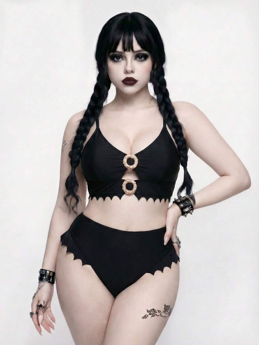 ROMWE Goth Plus Size Women Metal Decor Bikini And Triangle Briefs Swimwear Set - Black - View 1
