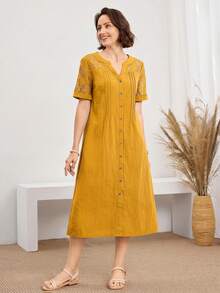 Miaspire Trang phục nữ mặc hàng ngày, váy dự tiệc, váy thường ngày cổ chữ V phối ren mùa xuân và hè, váy dài ngang gối thoải mái và thoáng khí bằng vải cotton, trang phục đồng quê cho nữ, váy quyến rũ. Trang phục nữ mặc hàng ngày, váy dự tiệc, váy thường ngày cổ chữ V phối ren mùa xuân và hè, váy dài ngang gối thoải mái và thoáng khí bằng vải cotton, quần áo vintage cho nữ, váy cài cúc kiểu cổ điển cho nữ, váy ren, váy cotton, ren lãng mạn. - Màu vàng - Xem 6