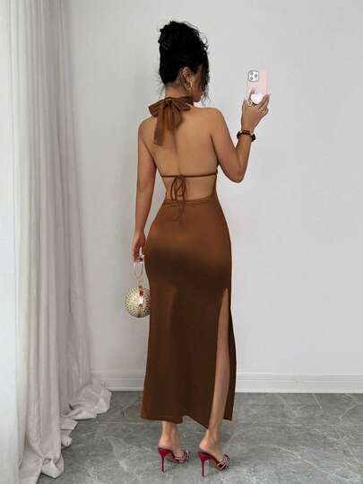 Elenzga Đầm satin cổ đứng gợi cảm, buộc dây, hở lưng dành cho nữ