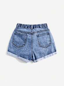 SHEIN Essnce Summer Vacation Y2K Distressed High Waist Ripped Denim Shorts Light Blue Street Style Going Out Plus Size Women Jean Shorts - Medium Wash - View 2