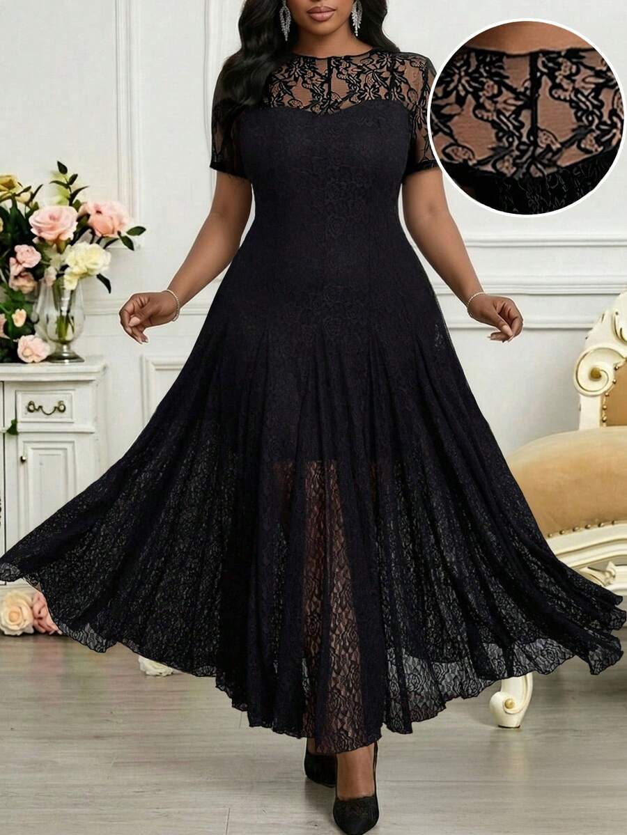 SHEIN Lady Đầm ren màu trơn thanh lịch cỡ lớn, thích hợp cho mùa hè. - màu đen - Xem 1