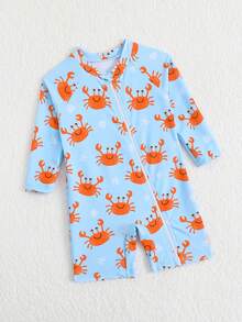 SHEIN 6-9M Baby Boy Long Sleeve Swimsuit, Cute Crab Cartoon Print One-Piece Swimwear For Infant Boys, Suitable For Beach, Vacation, Play, Sand, Holiday, Travel, Summer Rashguard For Baby Boy Rompers For Baby Boy Unisex Baby Clothes Baby Clothes Sleepwear For Baby Toddler Swim Wear Baby Bathing Suits Baby Beach Wear Swim Suit For Boys - Multicolor - View 5