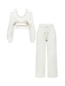 ROMWE Kawaii Conjunto de suéter de punto suave con encaje y hombros descubiertos, versátil, talla grande para otoño/invierno - Blanco - Ver 1