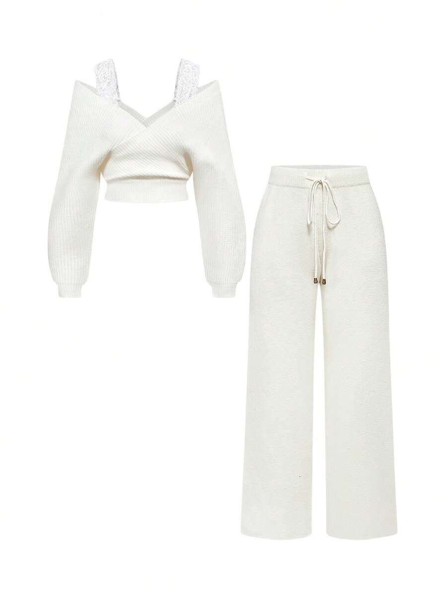ROMWE Kawaii Conjunto de suéter de punto suave con encaje y hombros descubiertos, versátil, talla grande para otoño/invierno - Blanco - Ver 1