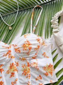 Soleia Camiseta de malla con estampado floral vintage romántico para mujeres, adecuada para vacaciones, citas, té de la tarde, festivales de música, estilo bohemio - Naranja - Ver 4