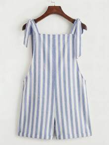 SHEIN EZwear 休闲复古优雅通勤百搭暖蓝白条纹印花图案，沙滩/度假装，女士夏季服装。打结肩带口袋拼接连体裤 - 彩色 - 查看 2