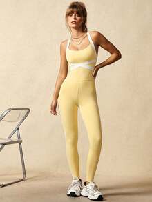 VARSIVA Women's Casual Sports Contrast Stripe Jumpsuit - Mustard Yellow - View 4