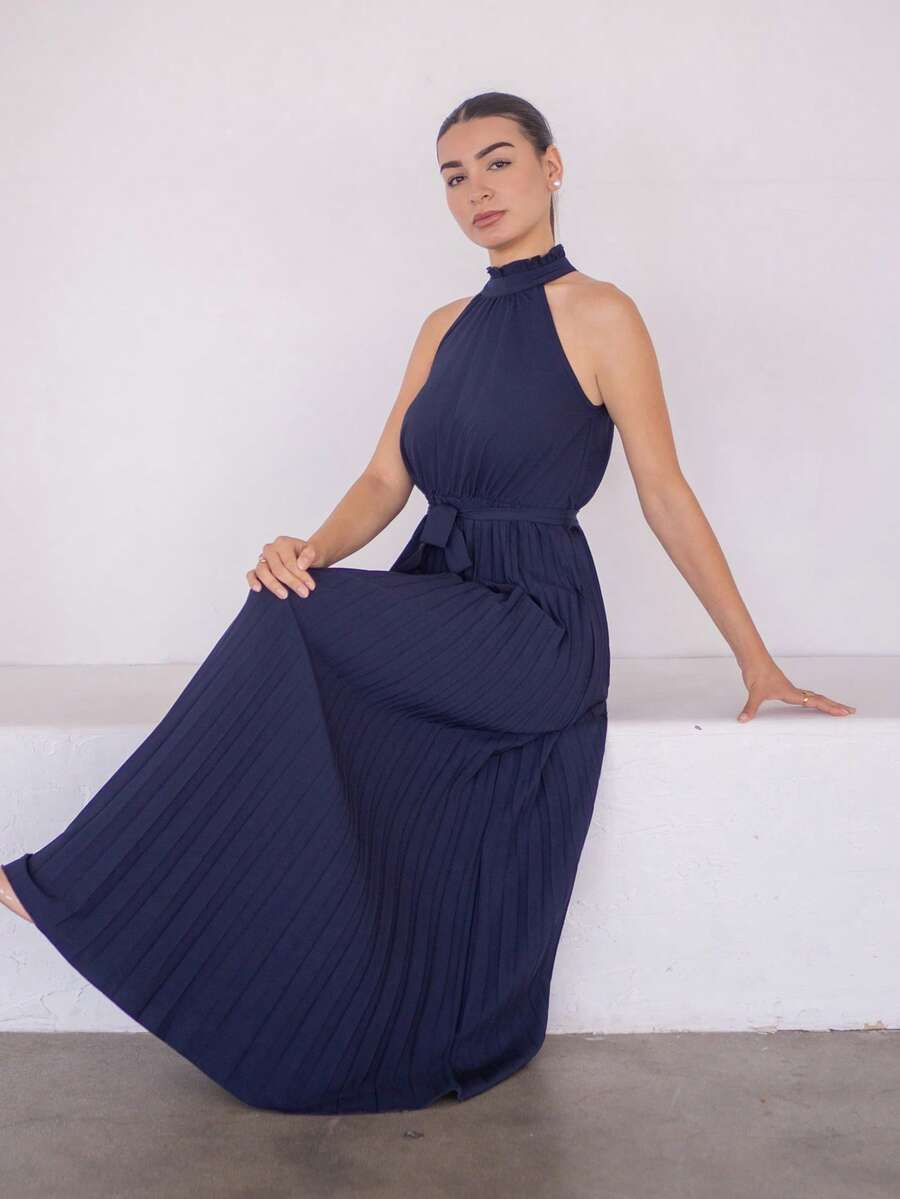Andrea Bello Valentinstag Damen Kleid mit gerafftem V-Ausschnitt, plissiert, figurbetonter Schnitt & ausgestellter Rock, elegant romantisch - marineblau - Übersicht 1