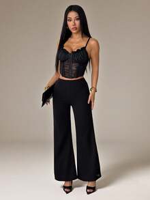 SHEIN PETITE 女士几何蕾丝拼接阔腿针织弹力黑色裤腿裤 - 黑色 - 查看 7