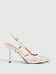 CUCCOO SZL Solid Color Patchwork Metal Decor Simple Casual Women High Heel Pumps Spring Shoes Spring Break Easter Prom Heels For Christmas - White embroidery thread mesh - View 2