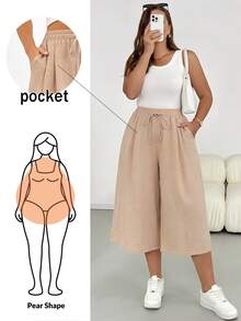 Shapeblank Quần ống rộng lửng cạp chun màu mơ dành cho nữ cỡ lớn thời trang xuân hè, dáng rộng thoải mái, đa năng, tôn dáng, thích hợp mặc hàng ngày, phối đồ mùa hè, quần nữ, quần rộng, quần short mùa hè, phong cách đơn giản - Màu be - Xem 1