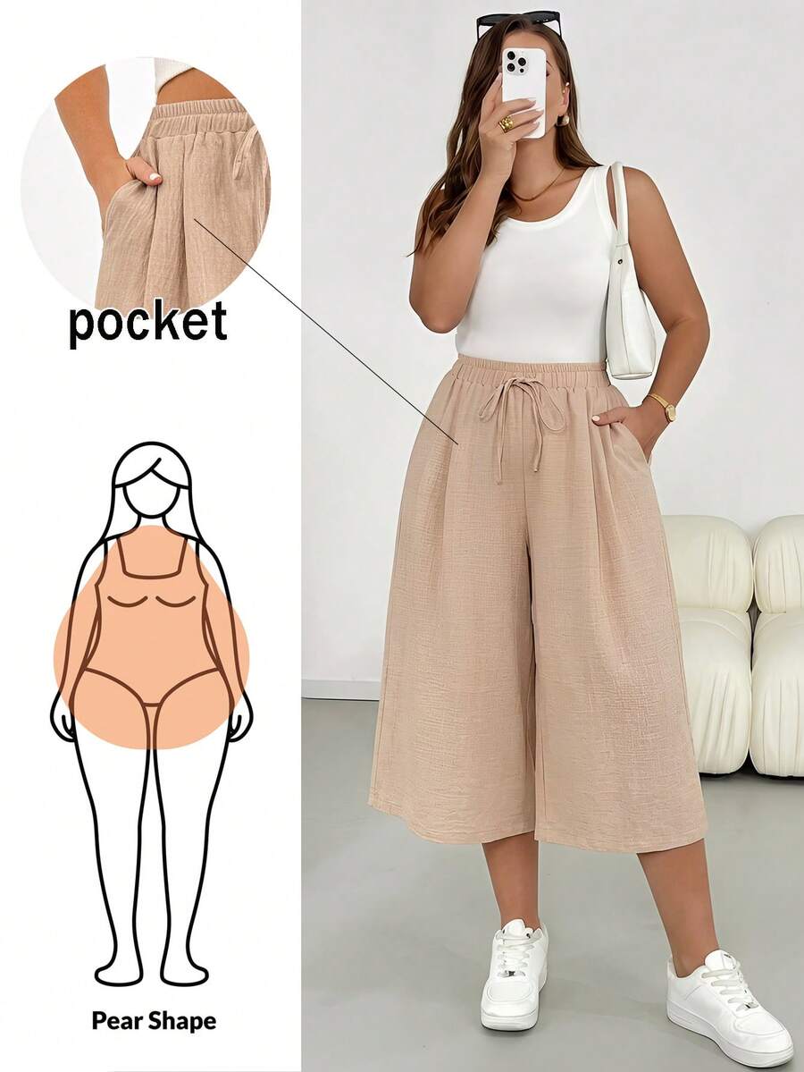 Shapeblank Quần ống rộng lửng cạp chun màu mơ dành cho nữ cỡ lớn thời trang xuân hè, dáng rộng thoải mái, đa năng, tôn dáng, thích hợp mặc hàng ngày, phối đồ mùa hè, quần nữ, quần rộng, quần short mùa hè, phong cách đơn giản - Màu be - Xem 1