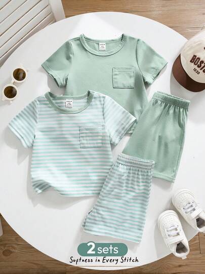 Cozy Pixies 4pcs/Set Baby Boy Cute Casual Summer Knit Solid & Striped Textured Short Sleeve T-Shirt & Shorts Set