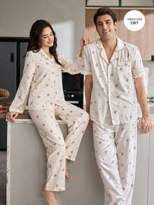 CoupledUp Collar Bear Print Trim Short Sleeve & Pants Men's Pajama Set - Multicolor - View 3