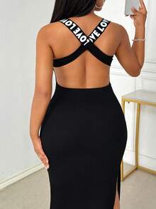 SHEIN LUNE 女士无袖露背高腰开衩字母印花连衣裙 - 黑色 - 查看 3