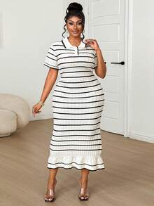 Dazy Plus Plus Size Women's Elegant Turndown Collar Colorblock Striped Knit Dress, Spring/Summer - White - View 5
