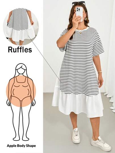 Shapeblank Vestido midi de manga corta a rayas en blanco y negro con volantes, estilo casual, cómodo y versátil para uso diario, con efecto estilizante, para mujeres de talla grande, vestido lindo y curvilíneo, atuendos de verano, estilo sencillo, estilo europeo de verano