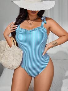 Swim Mod 2025 Spring/Summer Plus Size Women's One-Piece Swimsuit With Striped, Ruffled, Tie-Front Design, Casual Countryside Style For Beach Vacation - Blue - View 4