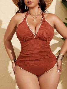 SHEIN Swim Curve 大码女士黑色V领双肩带V领收腹坦克背心式泳衣套装，时尚夏季海滩度假之选 - 摩卡棕 - 查看 3