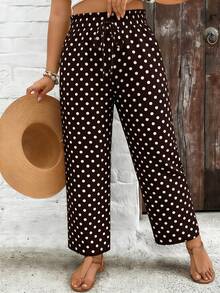 SHEIN VCAY 大码休闲波点印花松紧腰裤 - 棕色 - 查看 4