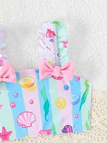 SHEIN 3件套女婴泳衣套装，饰有蝴蝶结、可爱贝壳、海星、海藻印花和花朵滚边，适合游泳、玩水、度假，包含一顶可爱的帽子 - 彩色 - 查看 4