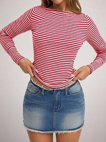 SHEIN Forever 21 Women's Striped Boatneck Long Sleeve Slim Fit Casual T-Shirt - Red - View 5