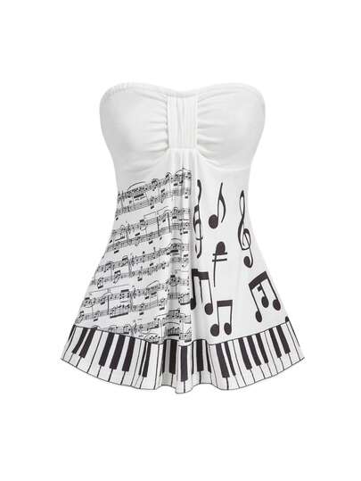 ROMWE Kawaii Áo quây nữ thời trang xếp ly in hình nốt nhạc và dải băng ngang