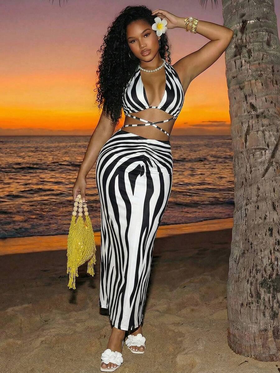 BamGleam Đầm hè gợi cảm có dây rút in họa tiết dành cho nữ - Đen và trắng - Xem 1