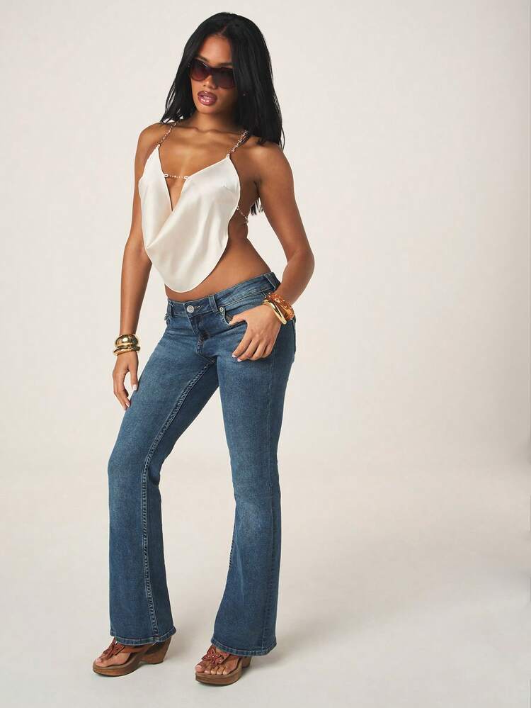 MISSGUIDED Women's White Chain Detail Plunging V-Neck Sleeveless Cami Top With Asymmetrical Drape Design For Summer